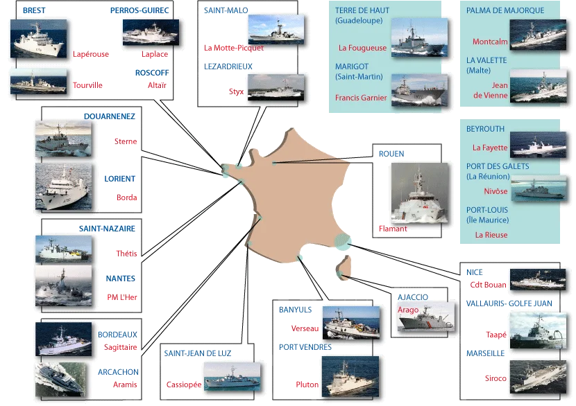 Carte des escales pour le 14 juillet 2008