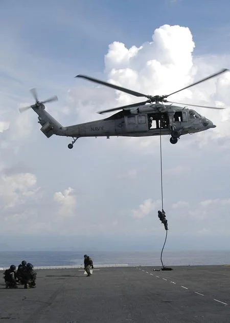 Une équipe de visite Français descend en rappel d'un hélicoptère SH-60 Seahawk sur le pont de l'USS Wasp