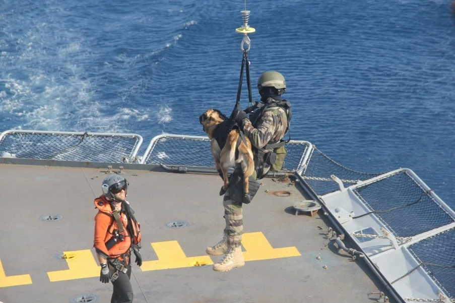 Le chien Roudo et le maître Rémy à bord de la frégate Floréal