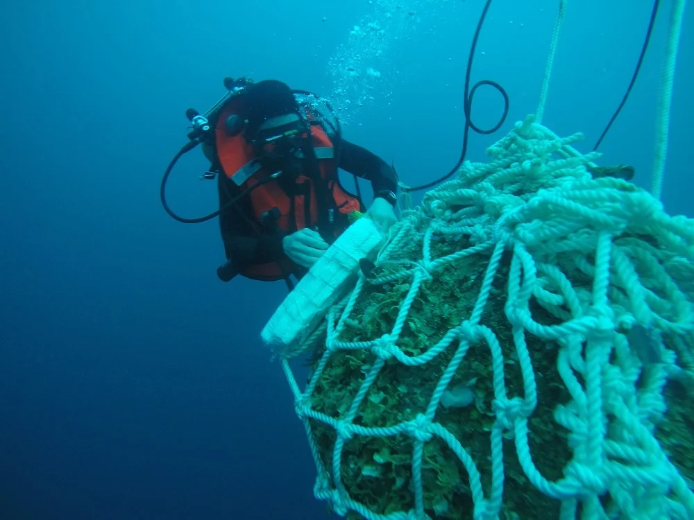 Un plongeur-démineur prépare le pétardement d'une mine à orin
